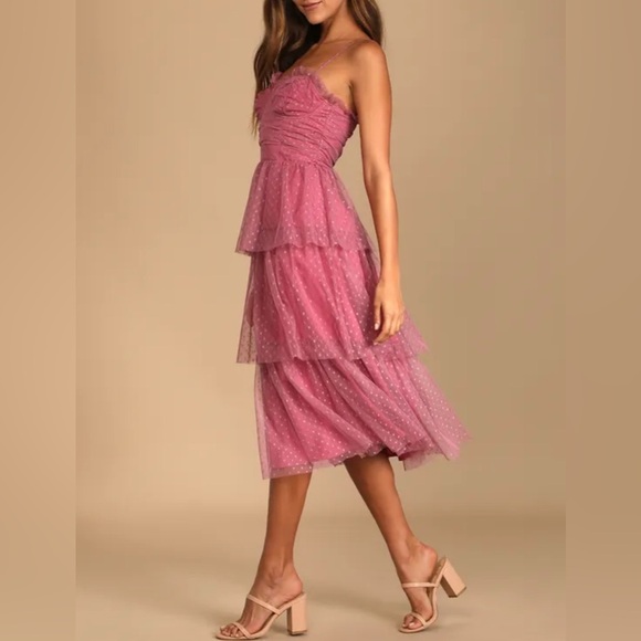 Lulus Dresses & Skirts - 💗 Lulus Pink Tulle‎ Polka Dot Midi Dress Size L Tiered Romantic Party NWT✨
